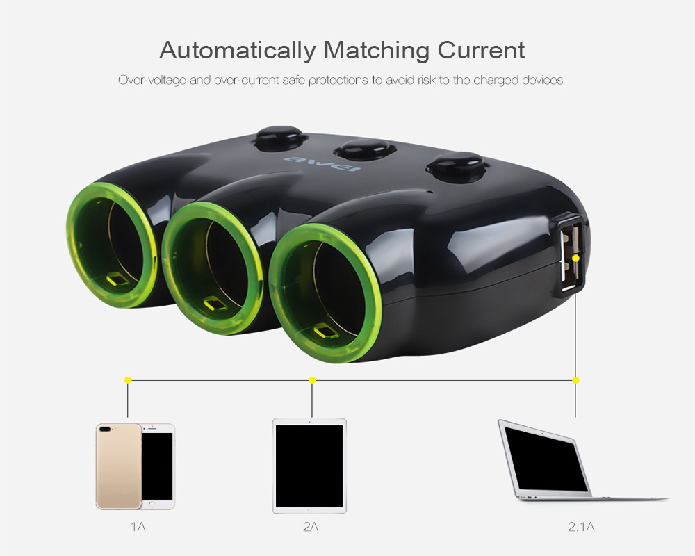 AWEI C-35 2 USB Ports 3 Sockets Car Cigarette Lighter  Car Power Adapter 3 in 1 120W 12-24V Independent Switch - Black