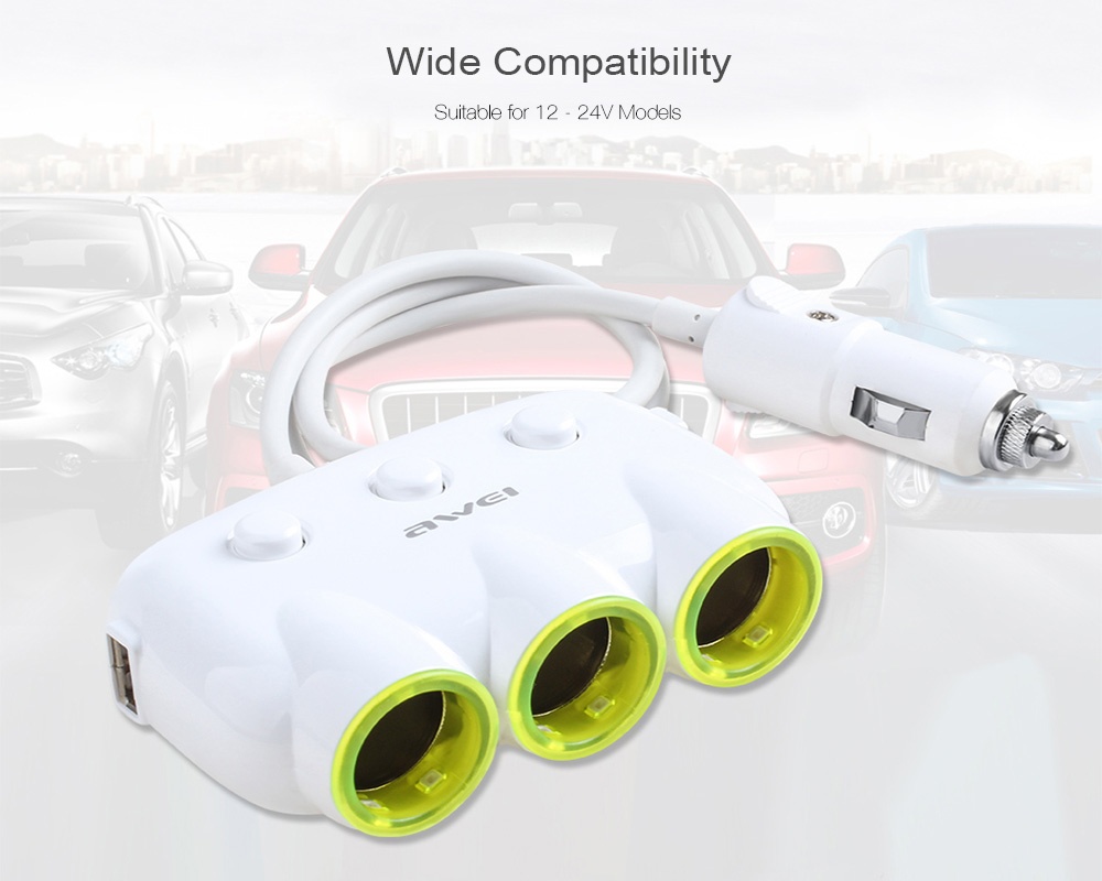AWEI C-35 2 USB Ports 3 Sockets Car Cigarette Lighter  Car Power Adapter 3 in 1 120W 12-24V Independent Switch - Black