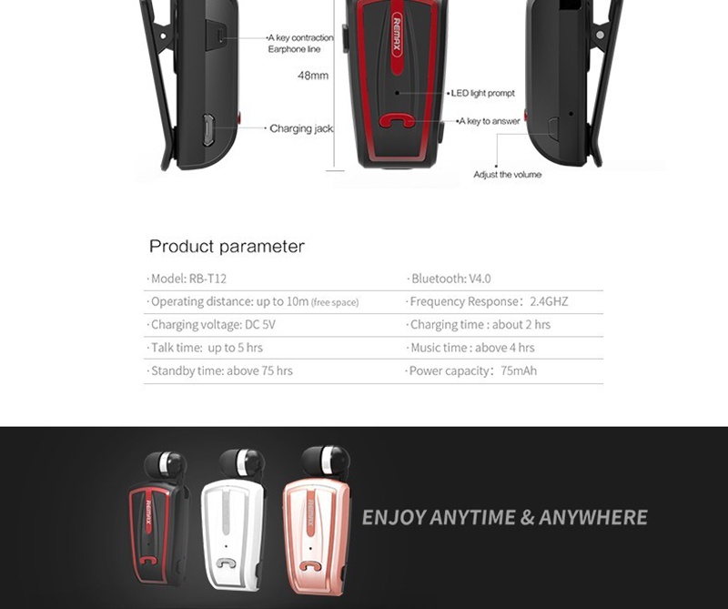 Remax Retractable Bluetooth 4.0 Headset RB-T12 – Mobile.Solutions