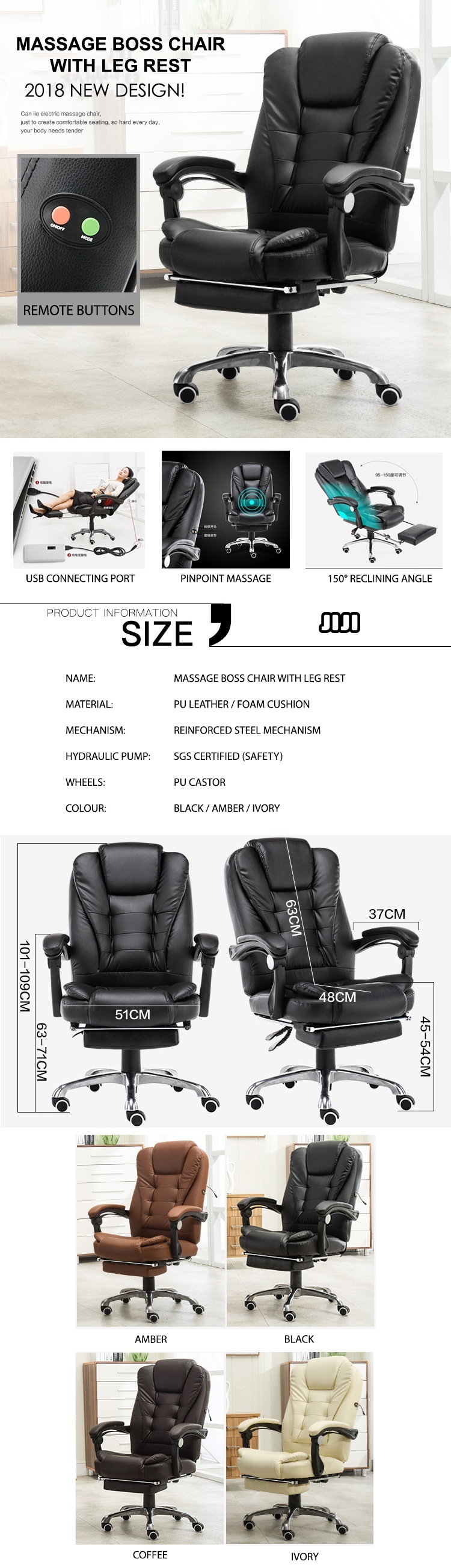 Office Massage Boss Chair With Leg Rest Free Installation 1